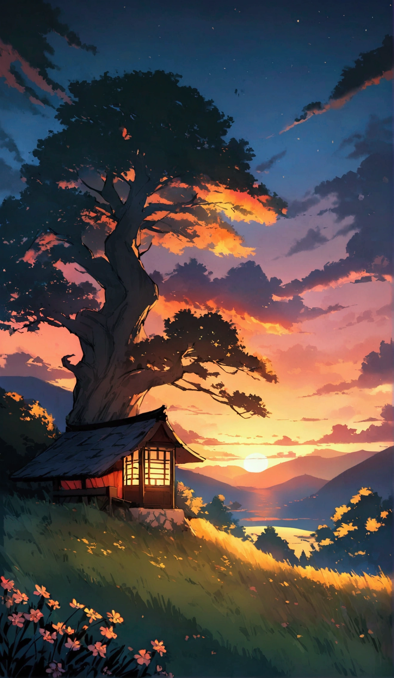 Create a Japanese style anime of A serene and picturesque landscape featuring a small, cozy cottage nestled under a large, majestic tree. The scene is set during a vibrant sunset, with the sky ablaze in hues of orange, red, and yellow as the sun dips below the horizon. The cottage emits a warm, inviting glow from its windows and a nearby lantern post. The surrounding landscape is lush with green grass and dotted with small wildflowers. Above, dramatic clouds in fiery colors dominate the sky, creating a stunning contrast against the darkening blue of the evening sky. The overall atmosphere is peaceful and nostalgic, evoking a sense of tranquility and natural beauty