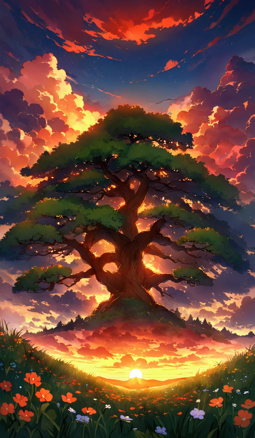 Create a Japanese style anime of A serene and picturesque landscape featuring a small, cozy cottage nestled under a large, majestic tree. The scene is set during a vibrant sunset, with the sky ablaze in hues of orange, red, and yellow as the sun dips below the horizon. The cottage emits a warm, inviting glow from its windows and a nearby lantern post.  The surrounding landscape is lush with green grass and dotted with small wildflowers. Above, dramatic clouds in fiery colors dominate the sky, creating a stunning contrast against the darkening blue of the evening sky. The overall atmosphere is peaceful and nostalgic, evoking a sense of tranquility and natural beauty
