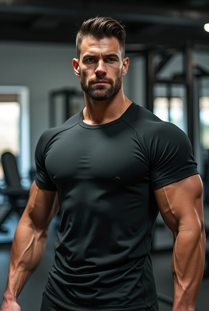 Semi-muscle man at the gym wearing a round neck polo shirt, Please, the polo shirt should not have a shirt collar.