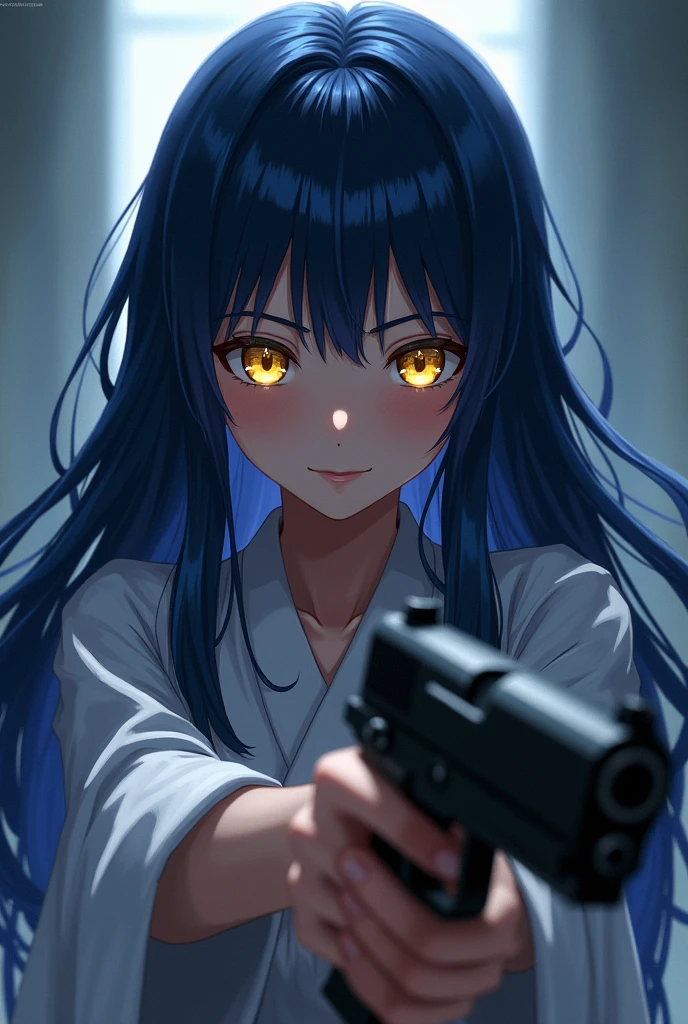 Long Dark blue hair girl with golden eyes anime girl 
hold a gun