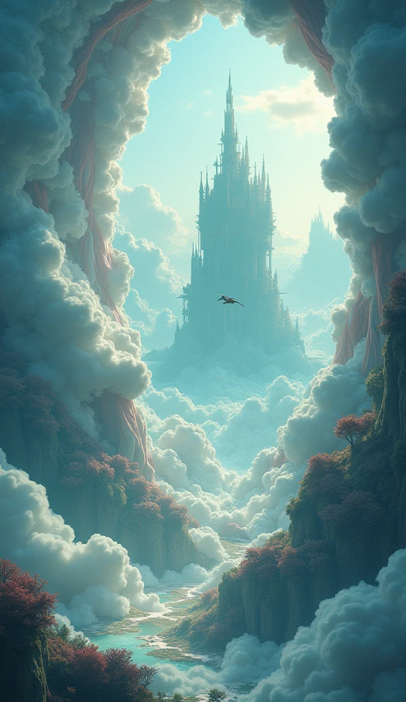 Surreal Dreamscape Template: A surreal, high-quality Instagram cover featuring an otherworldly dreamscape of floating islands, clouds, and fantastical creatures. The central image area appears as a portal within this dreamscape, while a wavy, cloud-like box hovers beneath it for your caption, using whimsical fonts to complete the surreal theme.