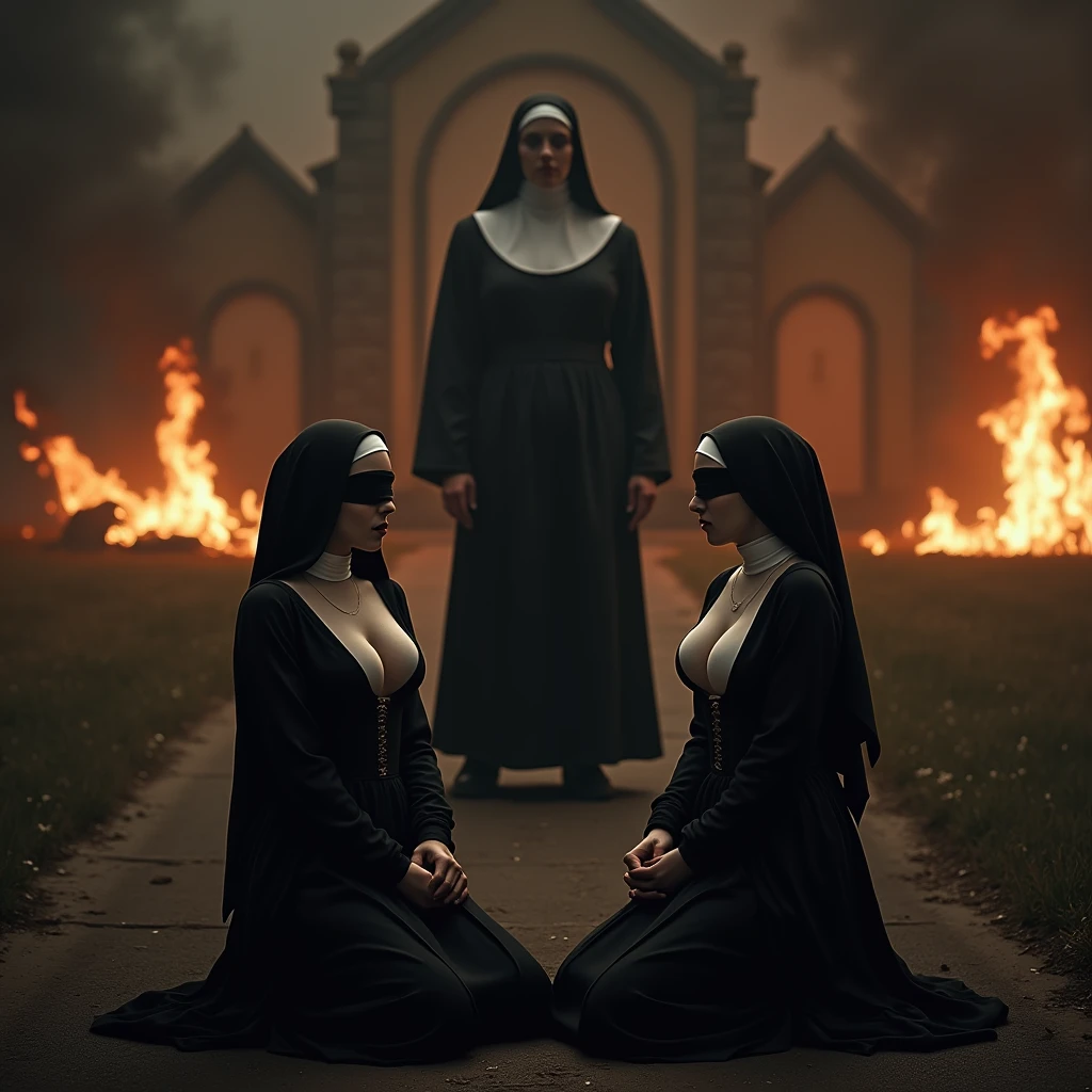 Imagine a realistic cinematic image of two gothic, sexy nuns with plunging necklines revealing large breasts, blindfolded, kneeling with their hands tied behind their backs in front of a burning Catholic church, while a demon watches, finding it all amusing.