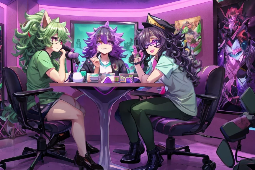 A podcast room with RGB lighting illuminating three chairs. Two waifus and an otaku are sitting in the room. One waifu has curly hair and sage green glasses, while the other has wavy hair and purple glasses. The otaku is wearing a black cap and a anime shirt