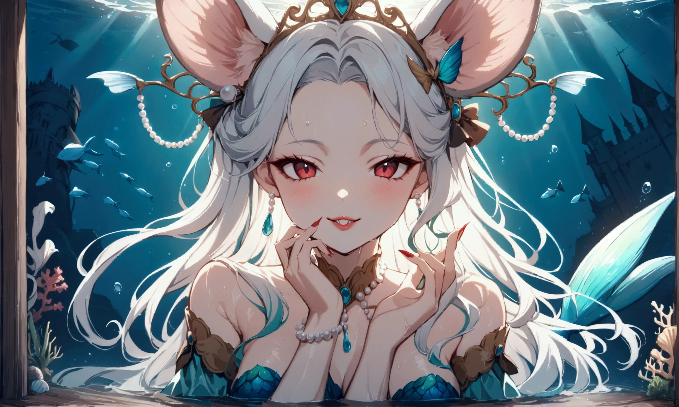 (best quality,4k,8k,highres,masterpiece:1.2),ultra-detailed, drawn in 2D anime style, Pretty albino girl magically transformed into a beautiful mermaid princess, the princess of the sea, race swap, fantastic transformation, sharp teeth, beautifully detailed lips with lipstick, she’s smiling, steampunk, fishlike, wet body, very long curly white hair adorned with hair accessories, red eyes with long eyelashes, white fur, slim body, red manicured nails, whiskers, mouse ears with pearls earrings hanging from them, long mermaid tail below waistline with shimmering cyan fish scales, pelvic and dorsal fins, a pair of fish gills on her torso, highly detailed seashell bra with intricate patterns, pearl and gold bracelets, pearl necklace, tiara made of seashells, cute turquoise princess dress, iridescent colours, physically-based rendering,gorgeous frilly dress design,flowing gown,elaborate lace details,rich textures,contrast stitching,delicate ribbon bows,fish scale accents,translucent flowing layered sleeves, translucent skirt,fitted waistline,lace-up back,luxurious fabrics,flawless silhouette, joyful expression, sparkling water, water reflections, ethereal atmosphere, subtle glow, whimsical and enchanting, gracefully swimming in a hallway, she is holding a magic staff made of seashells and pearls, underwater castle interior, intricately decorated room, magical underwater lighting, vivid colors, breathing underwater, endless ocean depths, light filtering through the water.