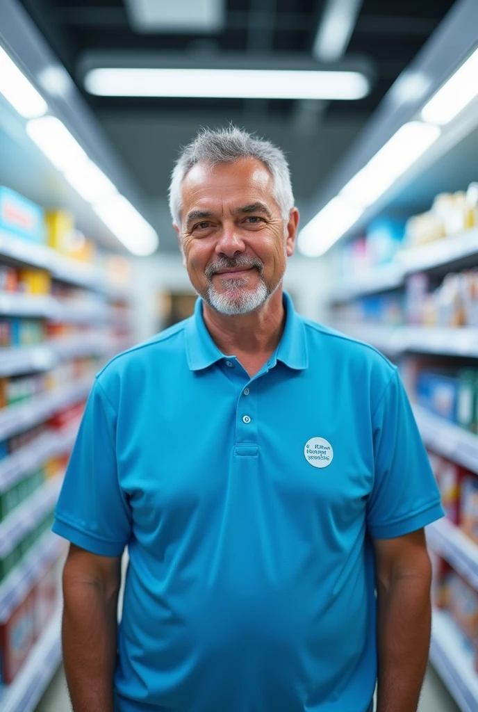 man in blue supermarket polo shirt, white and light blue inside a supermarket
