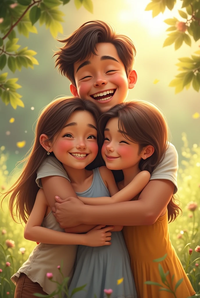 One brother smiling with his two sister hug 1:1 ration image