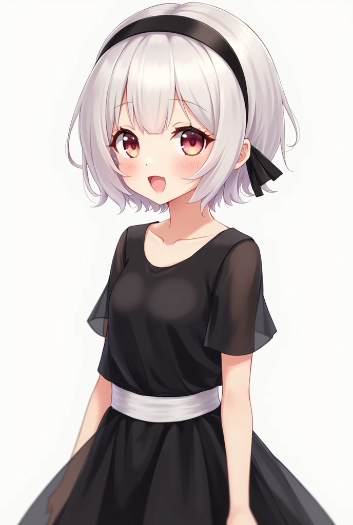 beautiful illustration, best quality, cute petit girl, white skin,, a short white hair with black headband, wearing a beautiful black dress with white belt, cute features, a beautiful smile