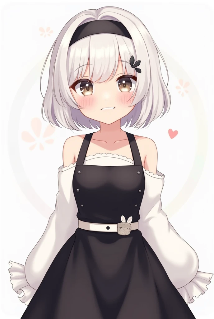 beautiful illustration, best quality, cute petit girl, white skin,, a short white hair with black headband, wearing a beautiful black dress with white belt, cute features, a beautiful smile