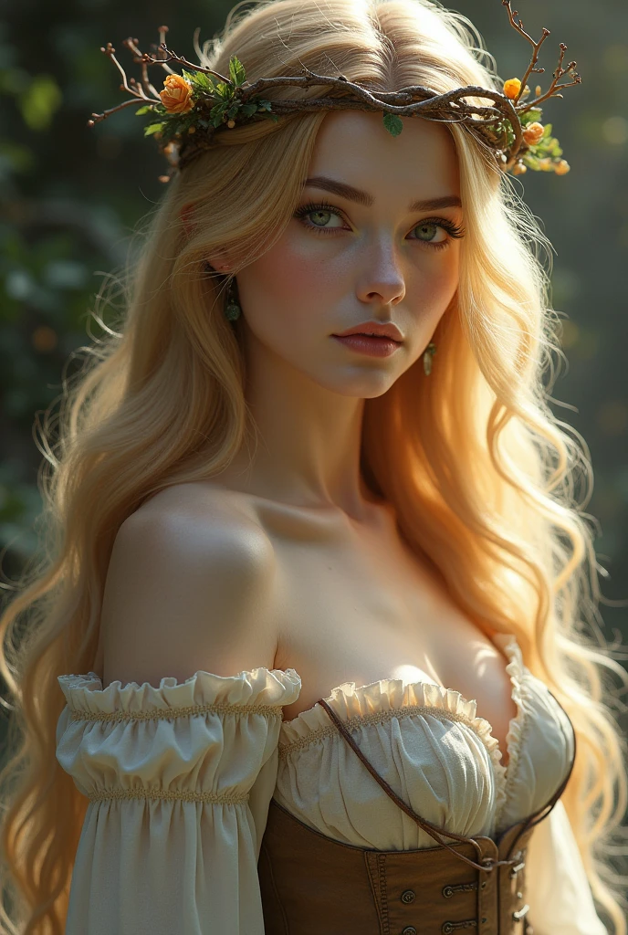 Make me a white-skinned woman with golden hair, a medieval hairstyle, with an oval face and an endomorphic body, with brown medieval clothing and a crown of branches