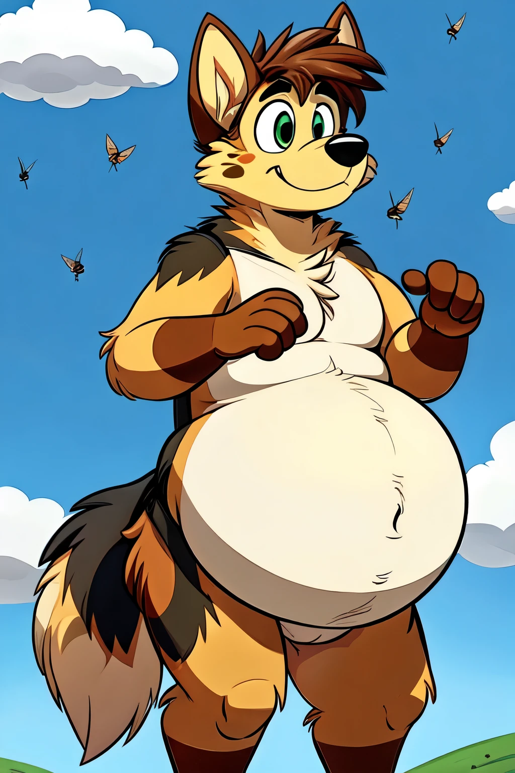 Antro furry german shepherd with Gray fur, Brown muszle, Brown markings, green eyes, Brown hair, Huge inflated belly, flies in the sky, cartoon style