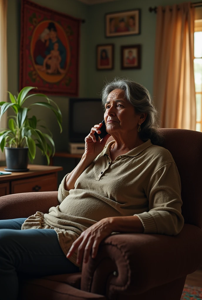 60-year-old Salvadoran Latin American woman sitting in her living room talking on the cell phone with her son 