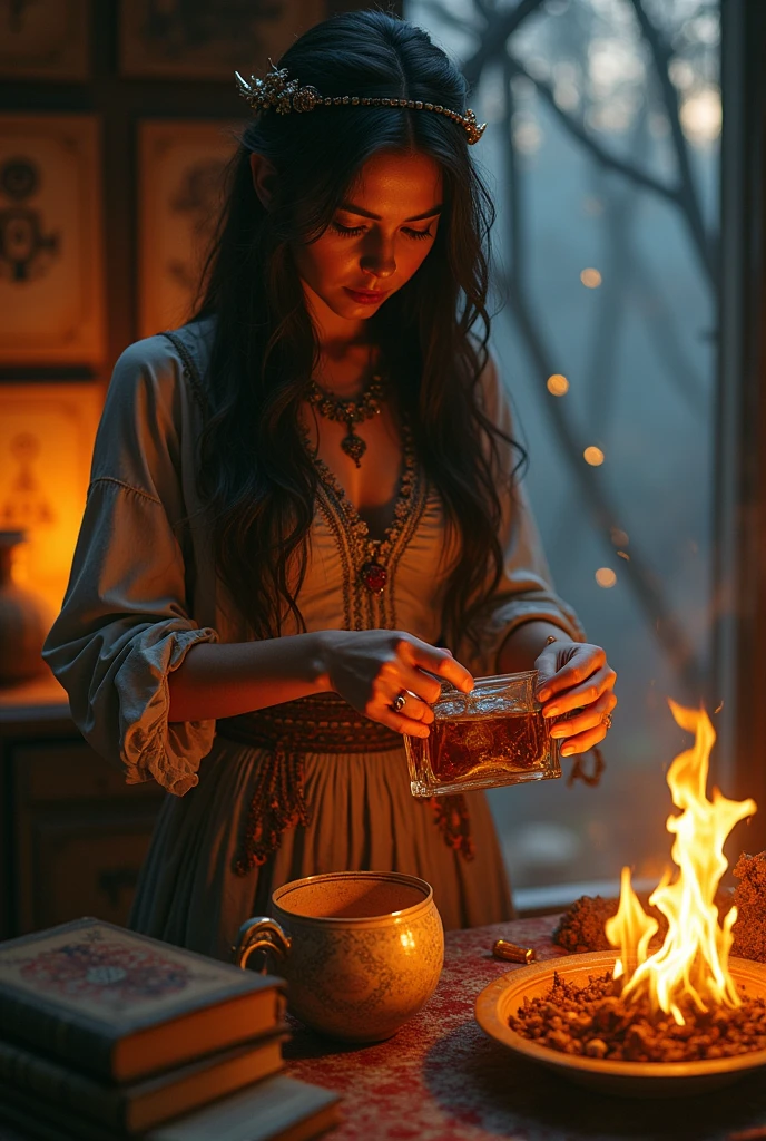She prepares her enchantment as if she were preparing a treat or a good whiskey, but her bonfire flavor is her true spell....
