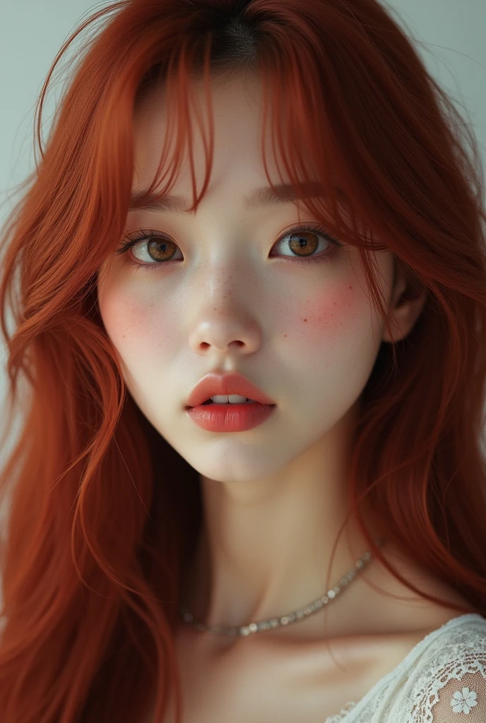 create a korean ulzzang with long dark red hair, big round brown eyes, fair skin, soft features, freckles and alternative style