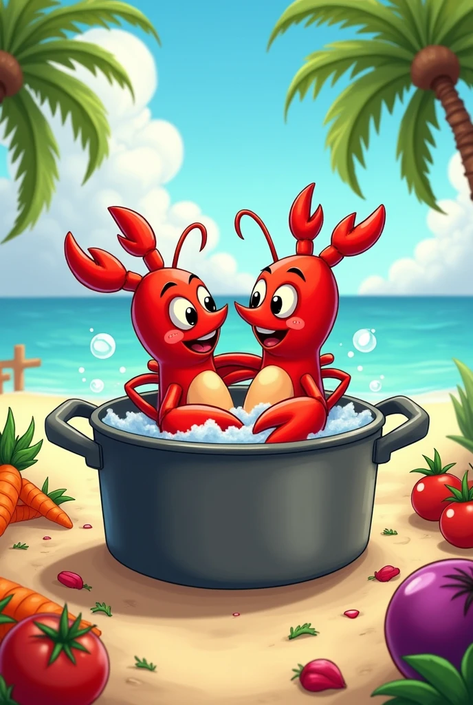 2 homards amoureux qui se baigne dans une marmite avec des légumes sur une plage version dessin animé 