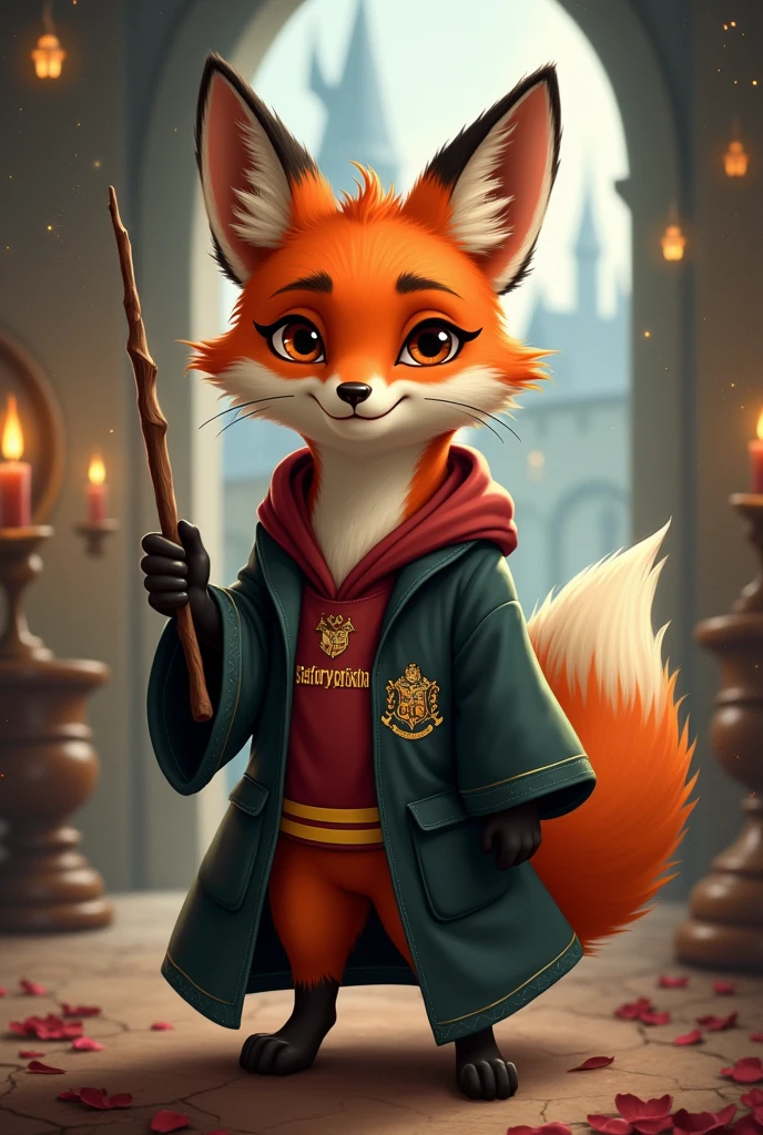 Fox in Harry Potter themed clothing with Stefanycristina written on it Holding a wand