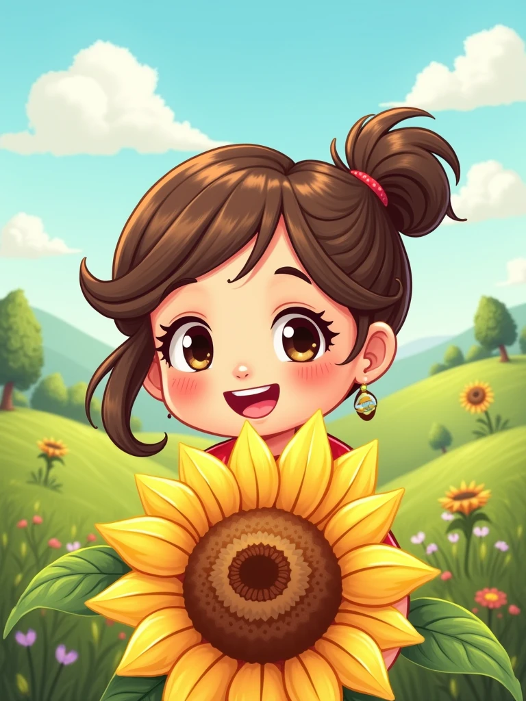 a cartoon character girl holding sunflower