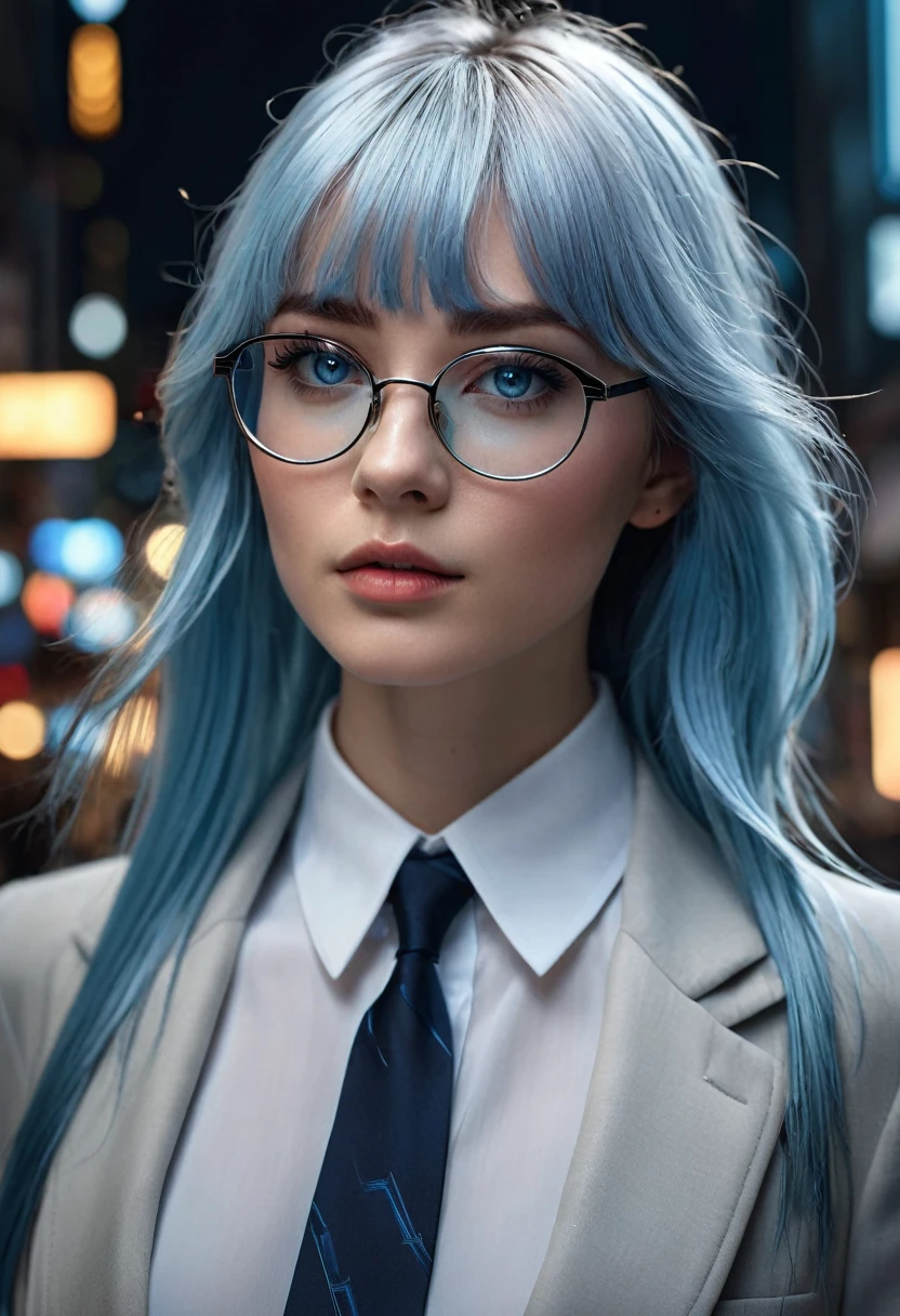 1 woman, inside a city at night, wearing a modest black suit with a white shirt and tie, (feminine dark blue eyes), detailed fair skin, long light blue hair with lopsided bangs, dramatic lighting, cinematic composition, wearing prescription glasses, dark palette, dark colors, atmospheric haze, thin chin, soft face, serious face, beautiful woman, adult woman, ultra realistic, adult woman (best quality, 4K, 8K, high resolution, art: 1.2), ultra detailed (realistic, photorealistic, photorealistic: 1.37)(((a woman with long light blue hair with lopsided bangs1.7)))(((very beautiful))), perfect face, dark and cool palette, 8K, glossy lips, extremely detailed, (high quality, realistic, photorealistic: 1.37), ideal proportions and detailed skin and defined and meticulously crafted features, unapproachable beauty, perfection, art, vivid realism, hyper-detailed sculpting, realistic shapes, truly inspiring, impeccable craftsmanship, serious facial expression, pure brilliance, ethereal beauty, delicate contours, striking poses, sublime beauty, subtle nuances, dynamic compositions, vibrant colors, perfect lighting, moving expressions, celestial aura, majestic presence, dreamlike atmosphere, unmatched high level of detail, high octane rendering in artstation, 8k art photography, photorealistic concept art, volumetric cinematic soft natural light, chiaroscuro