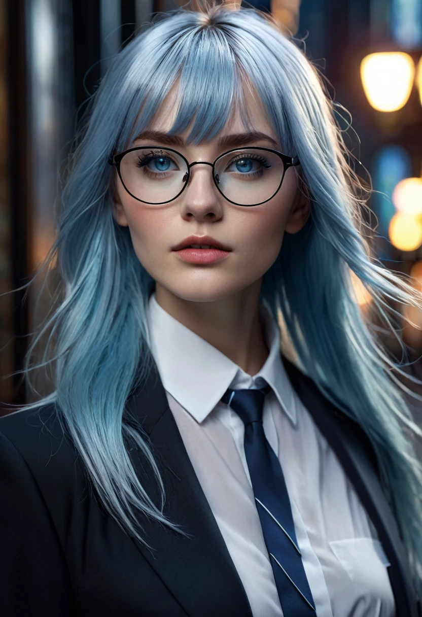 1 woman, inside a city at night, wearing a modest black suit with a white shirt and tie, (feminine dark blue eyes), detailed fair skin, long light blue hair with lopsided bangs, dramatic lighting, cinematic composition, wearing prescription glasses, dark palette, dark colors, atmospheric haze, thin chin, soft face, serious face, beautiful woman, adult woman, ultra realistic, adult woman (best quality, 4K, 8K, high resolution, art: 1.2), ultra detailed (realistic, photorealistic, photorealistic: 1.37)(((a woman with long light blue hair with lopsided bangs1.7)))(((very beautiful))), perfect face, dark and cool palette, 8K, glossy lips, extremely detailed, (high quality, realistic, photorealistic: 1.37), ideal proportions and detailed skin and defined and meticulously crafted features, unapproachable beauty, perfection, art, vivid realism, hyper-detailed sculpting, realistic shapes, truly inspiring, impeccable craftsmanship, serious facial expression, pure brilliance, ethereal beauty, delicate contours, striking poses, sublime beauty, subtle nuances, dynamic compositions, vibrant colors, perfect lighting, moving expressions, celestial aura, majestic presence, dreamlike atmosphere, unmatched high level of detail, high octane rendering in artstation, 8k art photography, photorealistic concept art, volumetric cinematic soft natural light, chiaroscuro