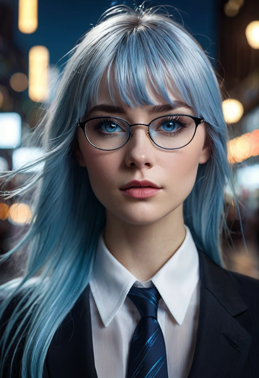 1 woman, inside a city at night, wearing a modest black suit with a white shirt and tie, (feminine dark blue eyes), detailed fair skin, long light blue hair with lopsided bangs, dramatic lighting, cinematic composition, wearing prescription glasses, dark palette, dark colors, atmospheric haze, thin chin, soft face, serious face, beautiful woman, adult woman, ultra realistic, adult woman (best quality, 4K, 8K, high resolution, art: 1.2), ultra detailed (realistic, photorealistic, photorealistic: 1.37)(((a woman with long light blue hair with lopsided bangs1.7)))(((very beautiful))), perfect face, dark and cool palette, 8K, glossy lips, extremely detailed, (high quality, realistic, photorealistic: 1.37), ideal proportions and detailed skin and defined and meticulously crafted features, unapproachable beauty, perfection, art, vivid realism, hyper-detailed sculpting, realistic shapes, truly inspiring, impeccable craftsmanship, serious facial expression, pure brilliance, ethereal beauty, delicate contours, striking poses, sublime beauty, subtle nuances, dynamic compositions, vibrant colors, perfect lighting, moving expressions, celestial aura, majestic presence, dreamlike atmosphere, unmatched high level of detail, high octane rendering in artstation, 8k art photography, photorealistic concept art, volumetric cinematic soft natural light, chiaroscuro