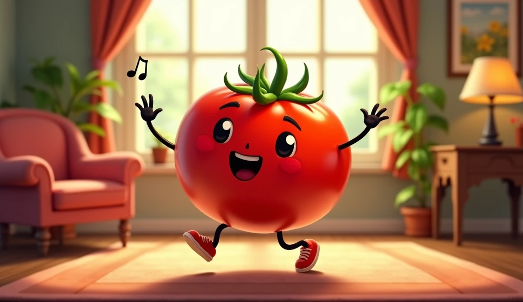 Generate a animated cartoon image of a tomato dancing in his drawing room