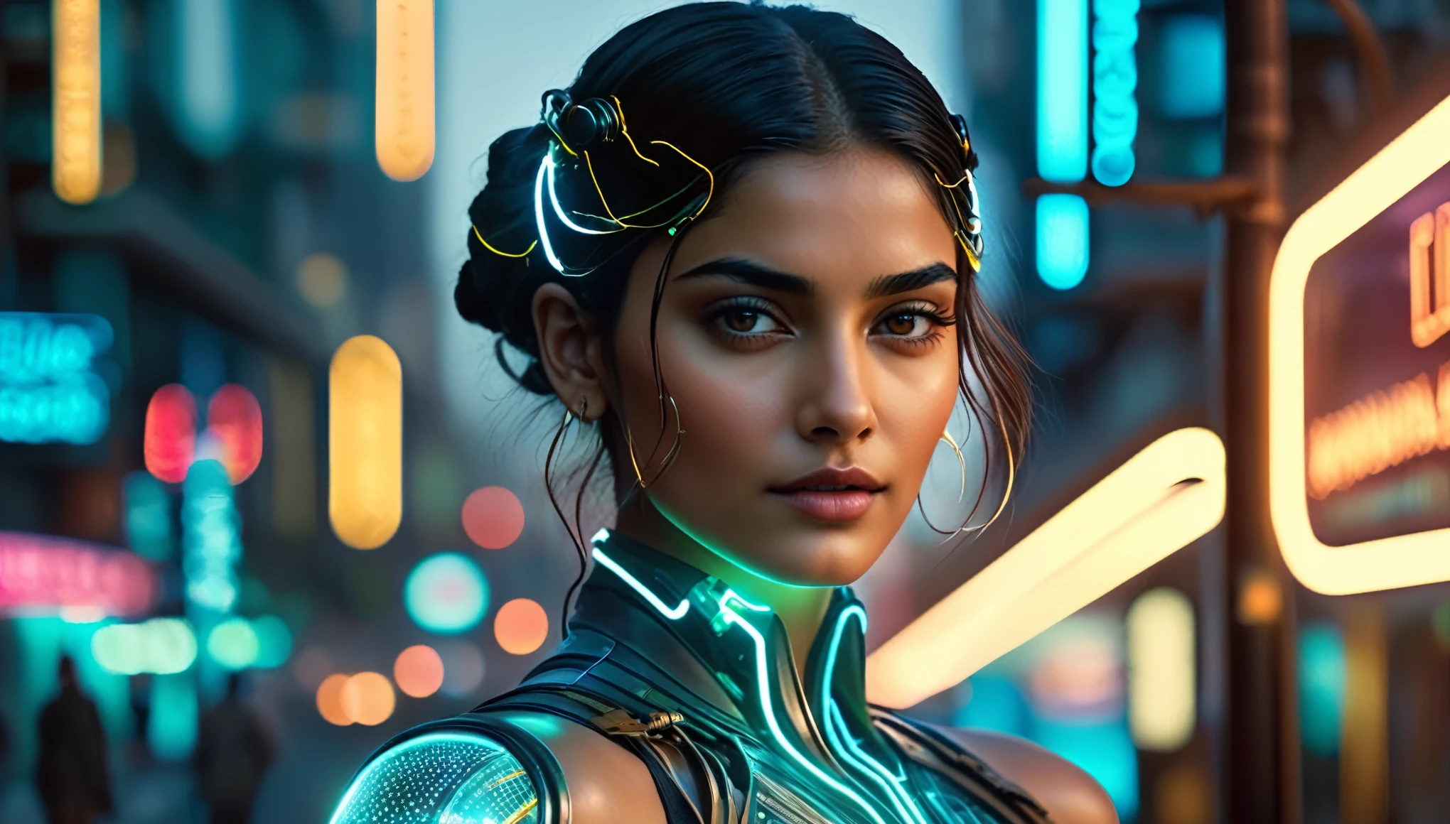cyberpunk girl, Sonam Kapoor look a like. glowing wires, dark city, reflective puddles, neon signs,, Photorealistic, Hyperrealistic, Hyperdetailed, analog style, soft lighting, subsurface scattering, realistic, heavy shadow, masterpiece, best quality, ultra realistic, 8k, golden ratio, Intricate, High Detail, film photography, soft focus, RAW candid cinema, 16mm, color graded portra 400 film, remarkable color, ultra realistic,