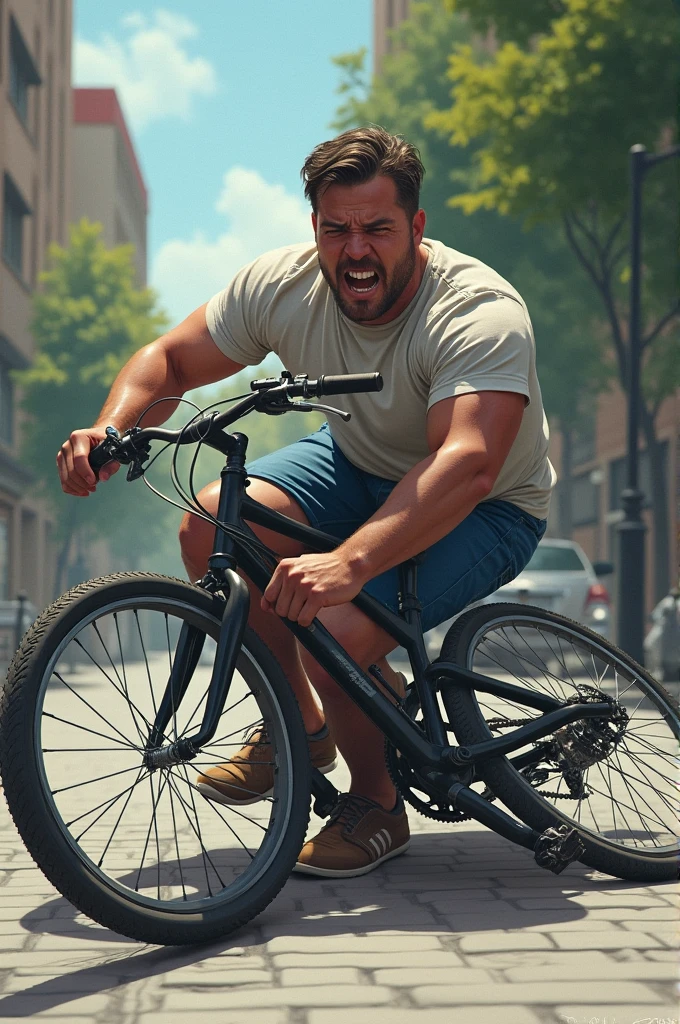 Man riding a bicycle falls on his groin and hits himself with the bicycle's iron