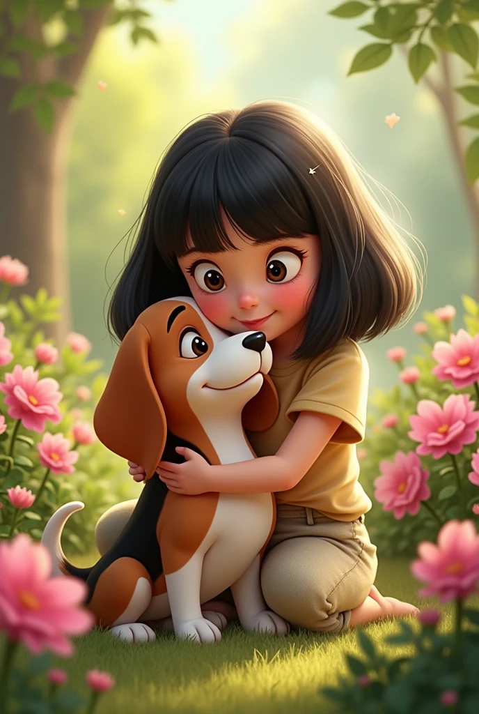 Disney animated of a age girl with black bob hair with a bangs hugging a tricolor beagle in a garden with pink flowers 