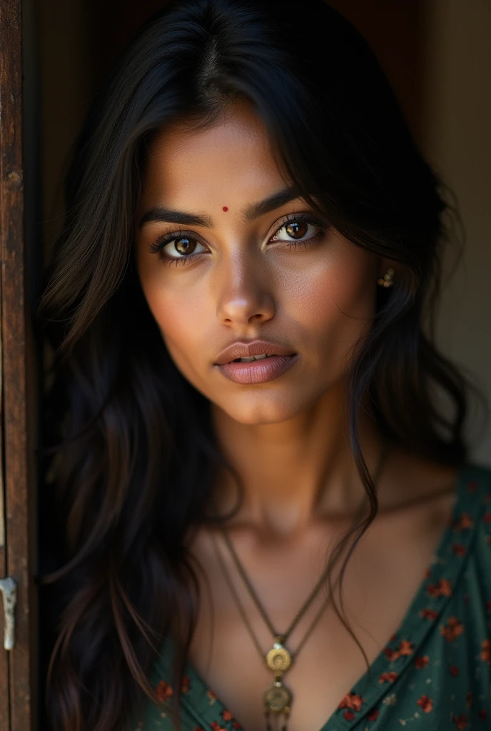Il y a une jeune femme, Belle femme indienne, qui regarde l'avenir comme Katrina Kaif, Elle se tient là et regarde dans l'objectif, un portrait à partir d'une photo brute, Avant Off, regarder dans la caméra
Corps