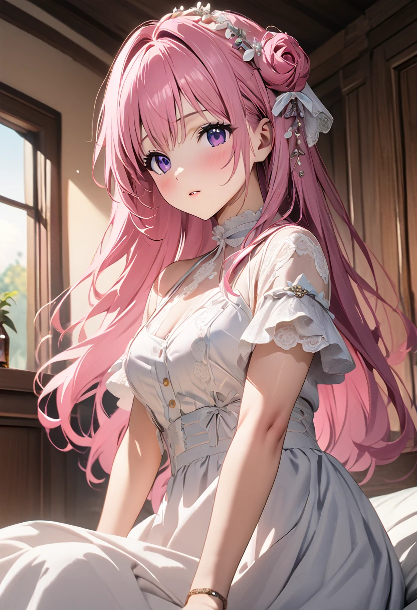 (Highest quality, 4K, 8k, High resolution, masterpiece:1.2), Very detailed, Picturesque, Anime style photo, Photo Anime:1.37)、a beautiful girl、(pink hair)、(long  hair)、white lily Hair Ornaments、On the bed、white lace under wear、White feathers on the back、Doroty