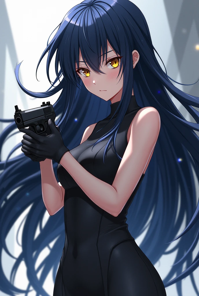 Long Dark blue hair girl with golden eyes anime girl
hold a gun with straight expression