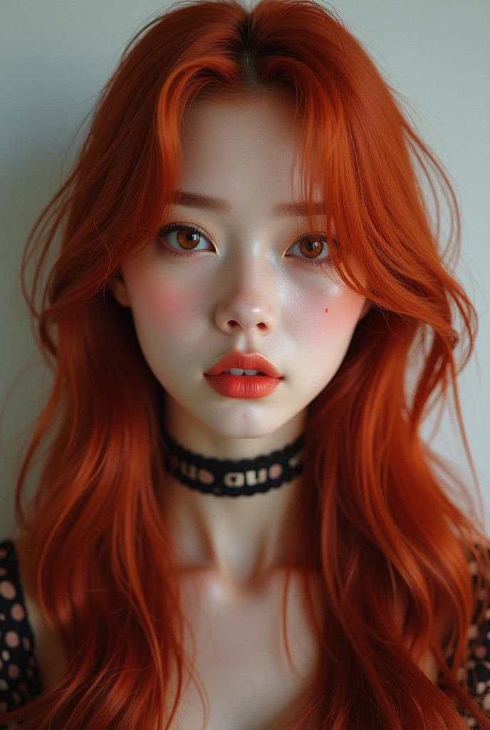 create a korean ulzzang with long dark red hair, big round brown eyes, fair skin, soft features, freckles and alternative make-up