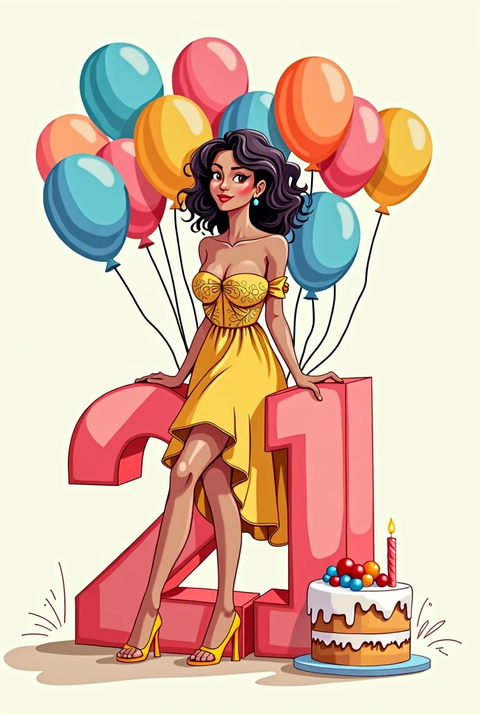 Big girl sitting on number 21, The girl took half of the picture wearing a beautiful dress with her chest covered., balloons behind her, And in front of her is a birthday cake. , 2d drawing with outline cartoon drawing colorful line drawing vector illustration, wearing a beautiful dress covering her chest and legs
