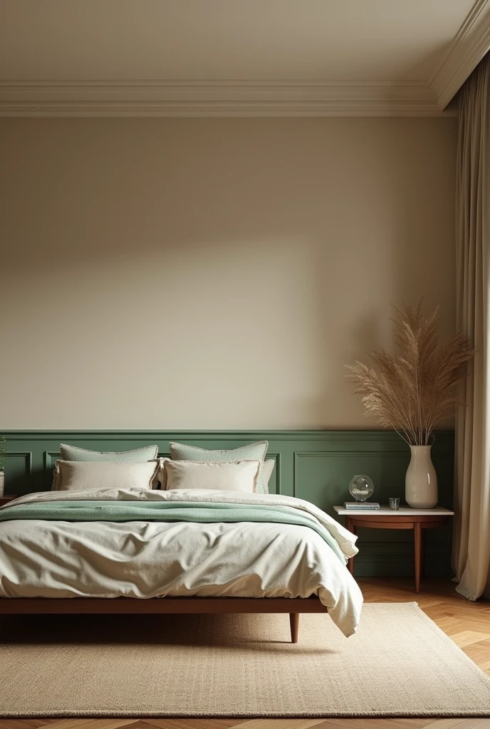 Here's a detailed text-based description of the bedroom design:
The room is 13 feet wide and 16 feet long, with a total area of 208 square feet. The walls are painted beige color, and the floor is made of natural wooden brown hardwood.
The bed is a floating bed with a mint green and beige color bed sheet set, placed against a wall with ⅓ wainscoting. The wainscoting is painted natural green and adds a touch of elegance to the room.
Against another wall, there is a large cupboard unit that st