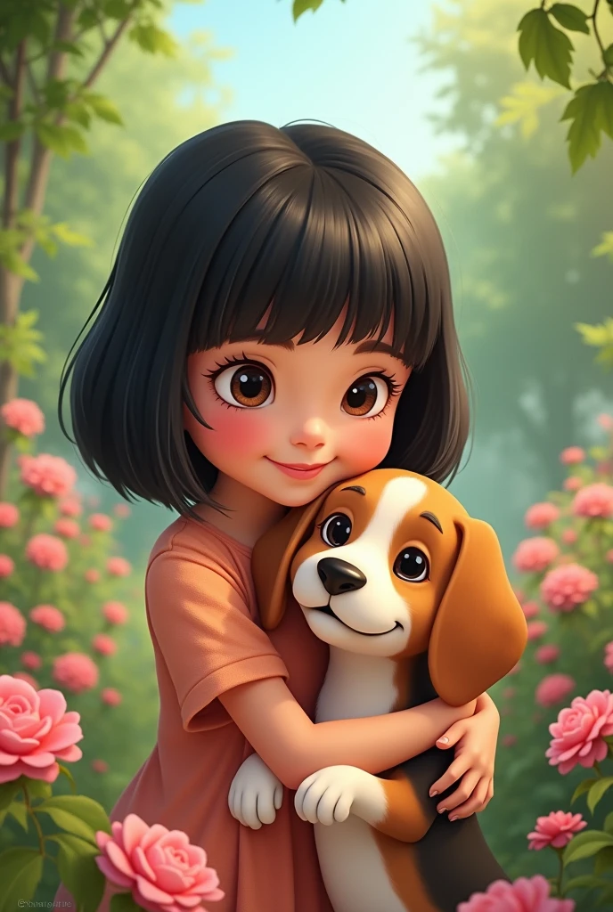Disney animated of a teenage girl with black bob hair with a bangs hugging a tricolor beagle in a garden with pink flowers