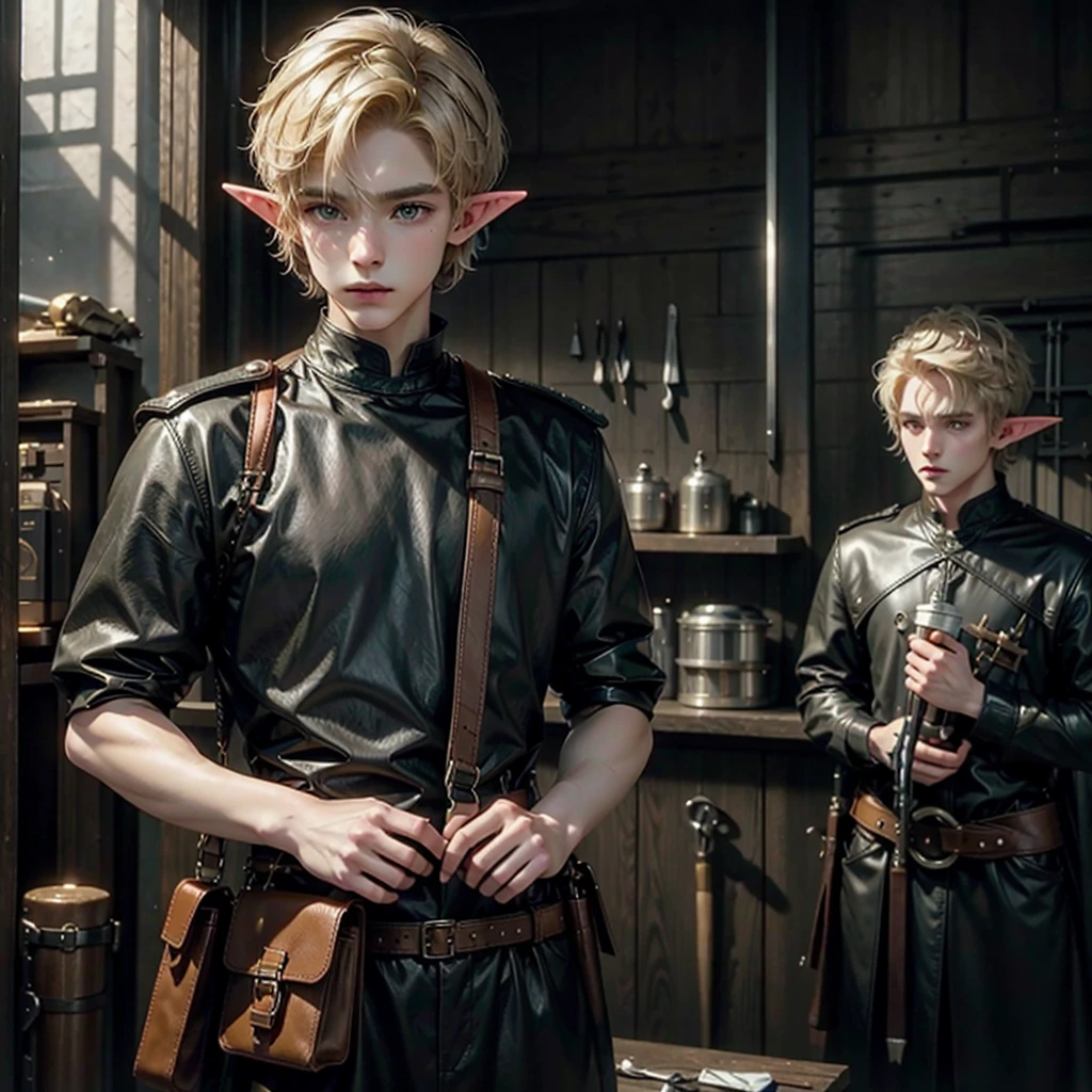 Elf, young, man, blond, in a black leather tunic, short hair, a bag in which tools are kept, 