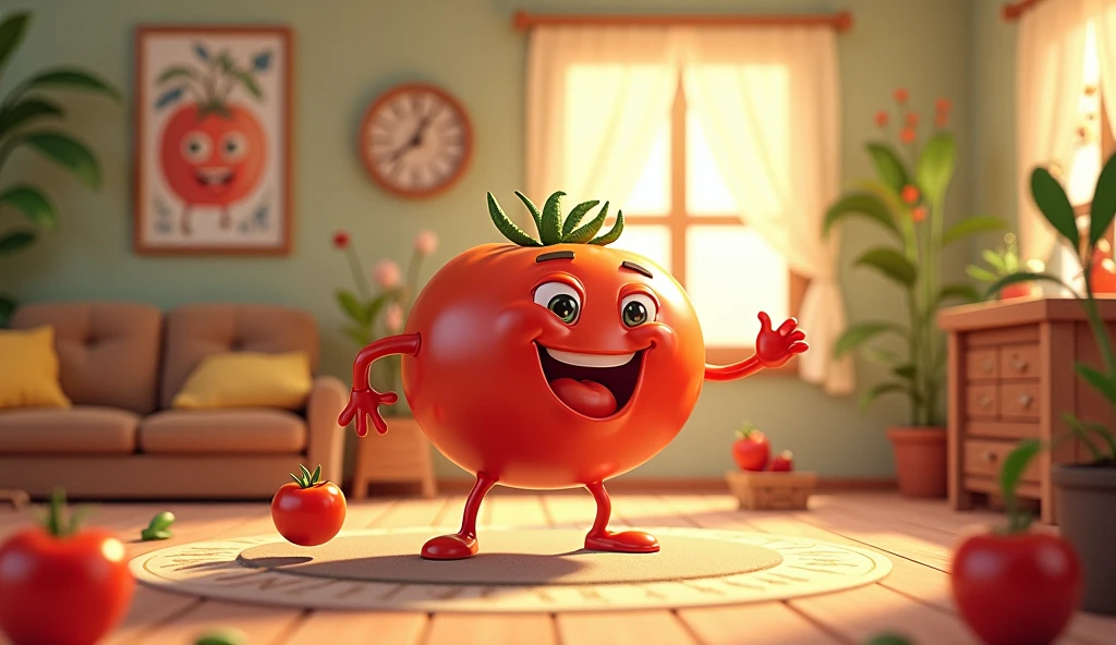 Generate a animated cartoon image of a tomato dancing in his drawing room with apple