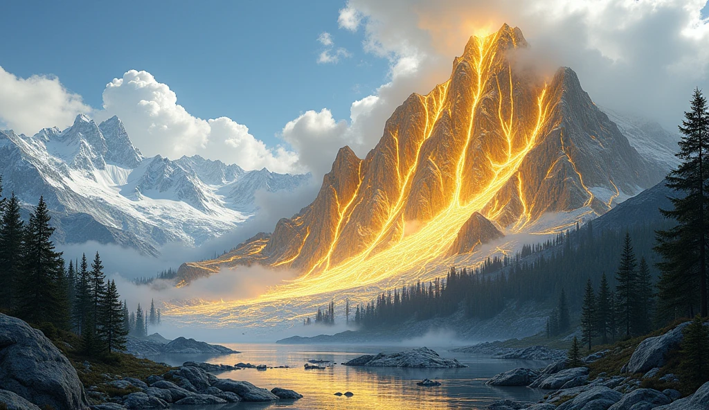 A mountain made of gold and platinum ore(best quality，4K，8k，High level，masterpiece：1.2），Ultra Detailed，（lifelike，Photo real，Photo real：1.37）