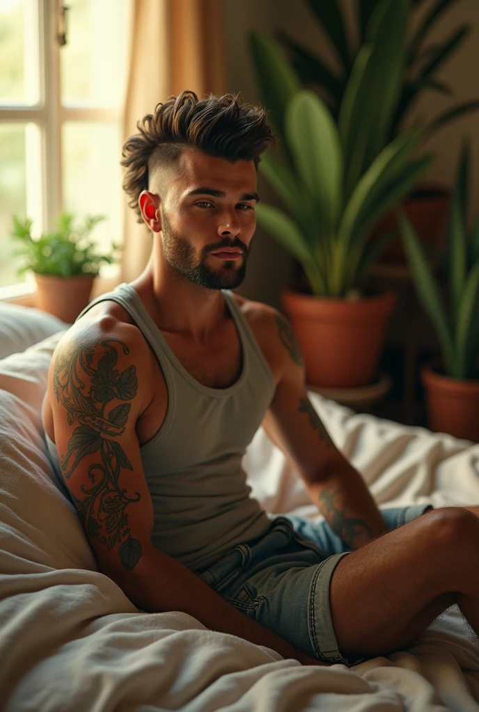 (photorealism:1.2), 1 man sitting on bed, wearing tank top,denim shorts,mohawk, indoors, soft lighting, plants in background, window with sunlight, cozy room, relaxed pose, realistic, intricate details, warm colors, by Greg Rutkowski, by Alphonse Mucha