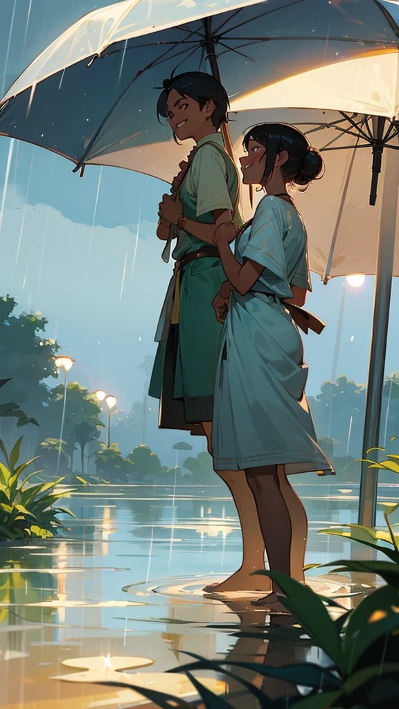 Back in the present, Ajay and Neera are laughing, enjoying the rain, and reminiscing about old times.
