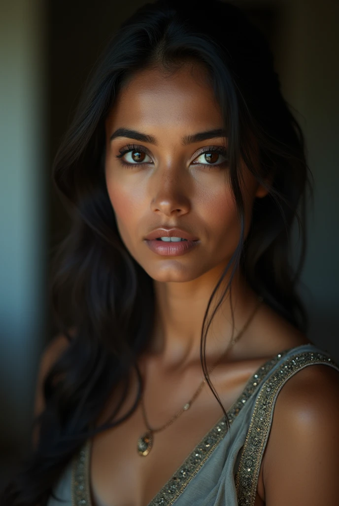 Il y a une jeune femme, Belle femme indienne, qui regarde l'avenir comme Katrina Kaif, Elle se tient là et regarde dans l'objectif, un portrait à partir d'une photo brute, Avant Off, regarder dans la caméra
Corps 