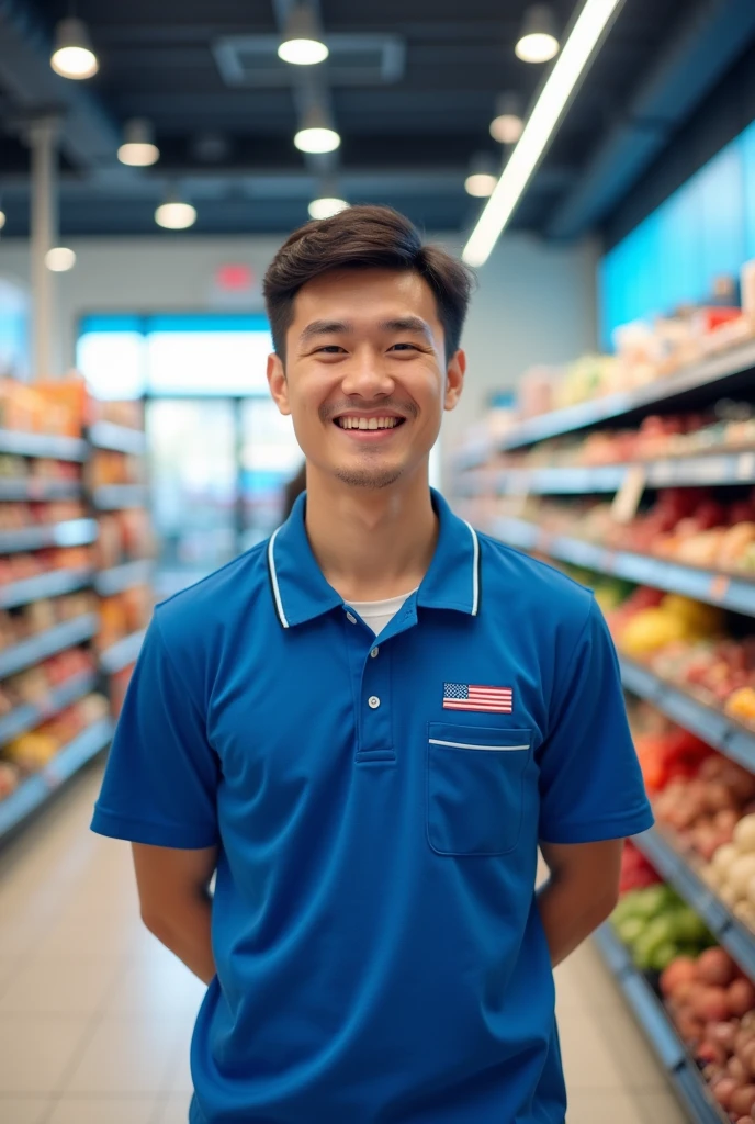 young man in blue supermarket polo shirt, white and light blue inside a supermarket