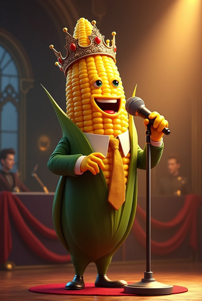 Corncob singing with a microphone and a crown on a stage 