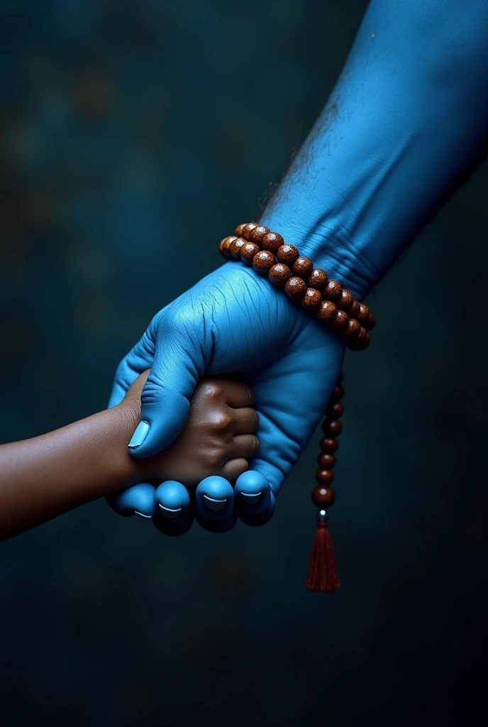 Photo of one hand of Shiva's blue hand having rudraksha maala around it holding a hand of a indian boy. Image signifying shiva helping the boy. Hands to be holding just the way a father holds his childs hand while walking. Photo to have a dark blur background. Shiva's hand to be blue and photo to be of the back of shiva's fist. Fist should be proper especially with the thumbs. Hands to be diagonally holded