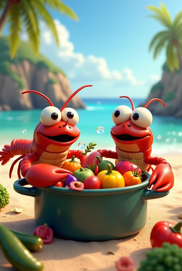 2 lobsters with big eyes swimming in a pot with vegetables on a Pixar-style beach