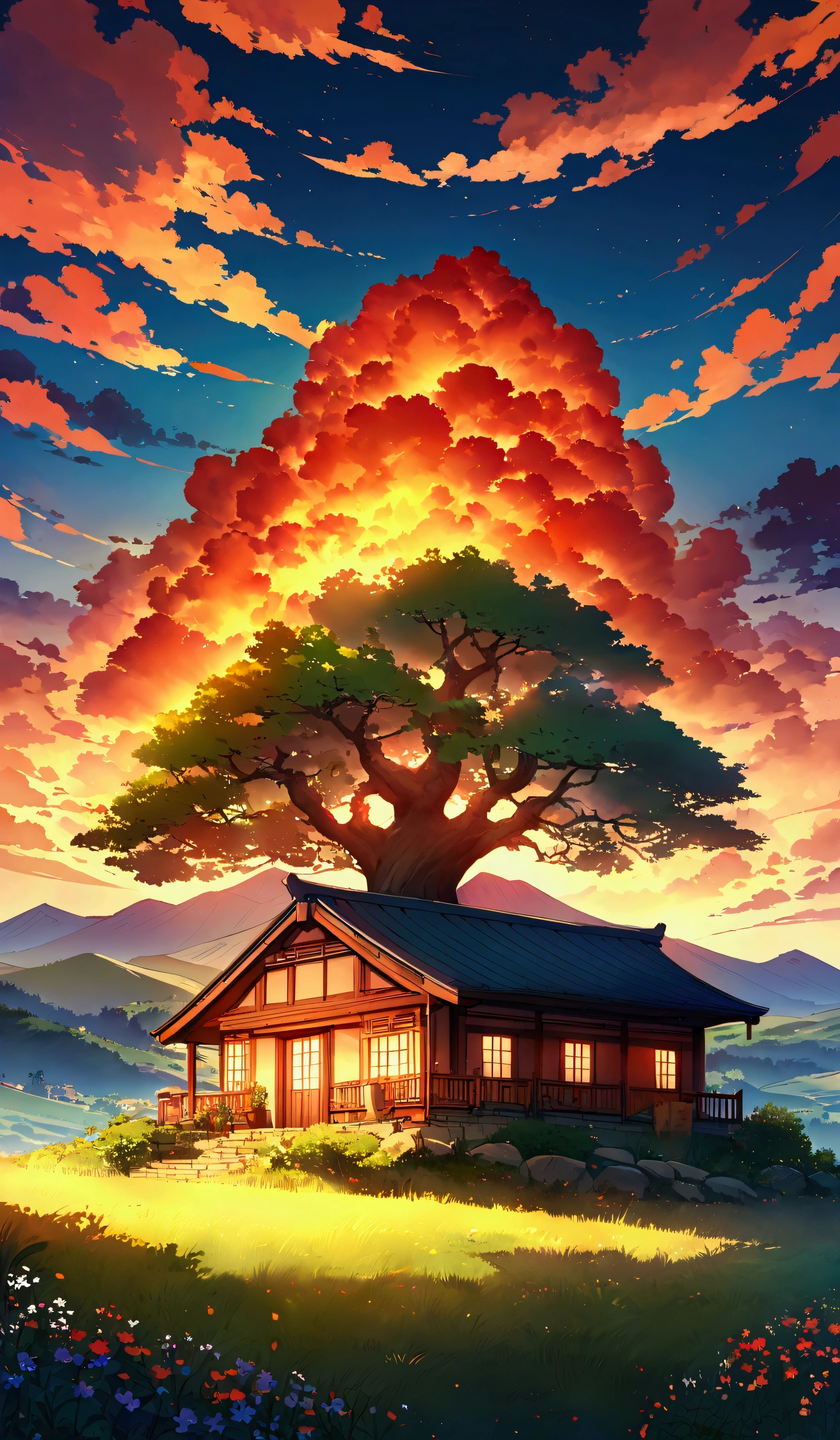 Create a Japanese style anime of A serene and picturesque landscape featuring a small, cozy cottage nestled under a large, majestic tree. The scene is set during a vibrant sunset, with the sky ablaze in hues of orange, red, and yellow as the sun dips below the horizon. The cottage emits a warm, inviting glow from its windows and a nearby lantern post. The surrounding landscape is lush with green grass and dotted with small wildflowers. Above, dramatic clouds in fiery colors dominate the sky, creating a stunning contrast against the darkening blue of the evening sky. The overall atmosphere is peaceful and nostalgic, evoking a sense of tranquility and natural beauty