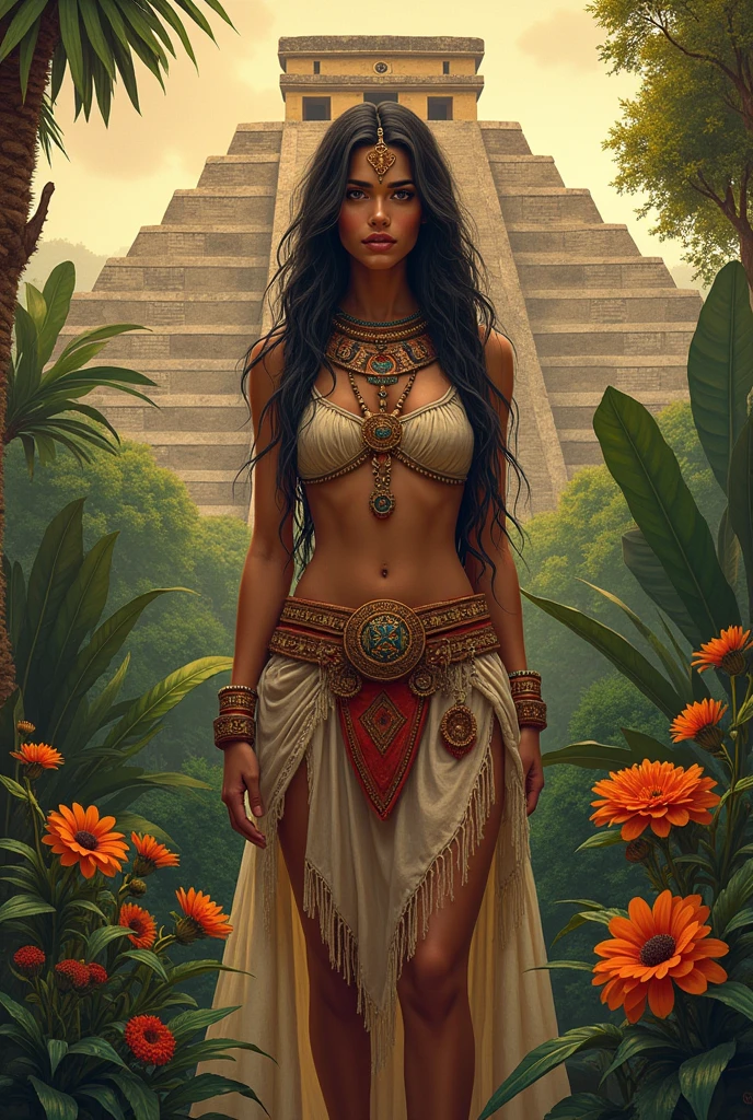 Beautiful aztec woman with pyramids and plants and other aztec people. It should look like an old mexican painting