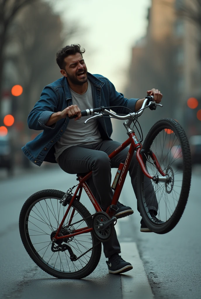 Man riding a bicycle falls on the bike's iron and hits his private parts