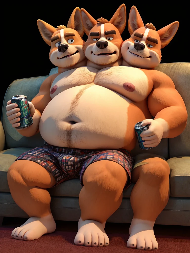 solo, welsh corgi, canine, twins, 60 year old male, ((holding two beer cans in hands)), natural pose, sexy pose, sitting on couch, different facial expressions, tired, bored, annoyed, three identical heads attached to the same body, welsh corgi ears, bald, beard, red fur, masculine, three necks, eyes, adult, male, 3d, by pixar, by disney, ugly, (short, overweight, fat, obese, big belly, out of shape), black background, shirtless, navel, male nipples, boxers, correct hands, correct anatomy, ultradetailed, best quality, detailed masterpiece, highly detailed masterpiece, 4k, professional cartoon