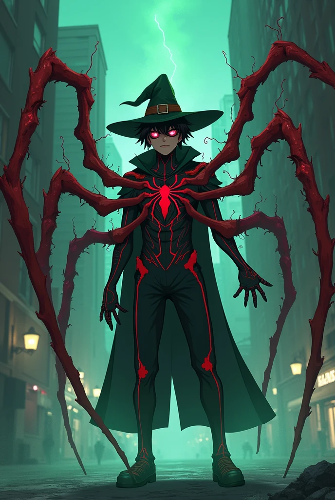 A male teenager is wearing a bizarre and scary Spider-Man costume. He has bone details on his costume and his eyes are red. He is also wearing a wizard hat. On his back, spider legs made of blood are coming out. He is in a city doing the classic Spider-Man pose with his spider legs raised. You can see small rays on his body and he is missing a green mist. The image has to be in anime.