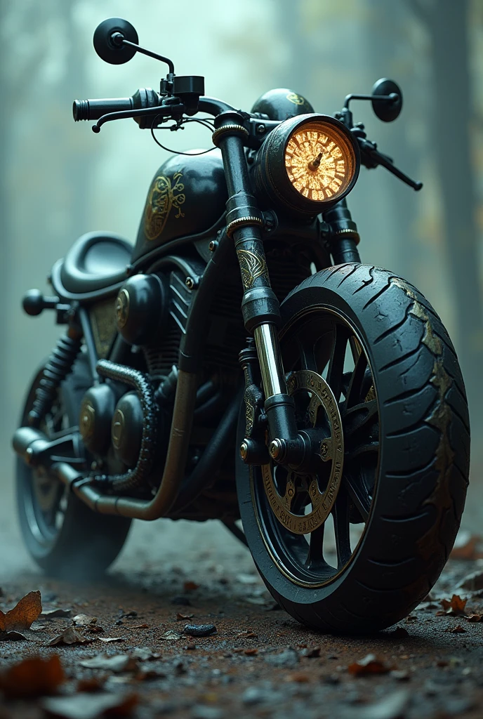 Create an image of a large motorcycle, black, ancient and cursed.